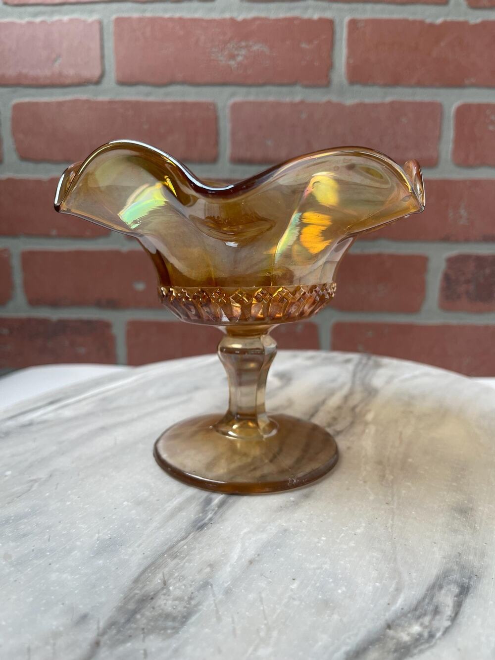 Compote Candy Dish Marigold Carnival Glass Ruffled Pedestal Orange VTG
